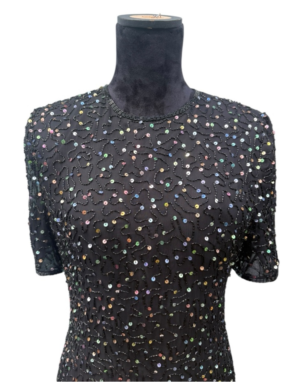 ✨ Vintage Laurence Kazar Silk Beaded and Iridescent Sequin Cocktail Dress Sz L ✨ - Picture 3 of 12